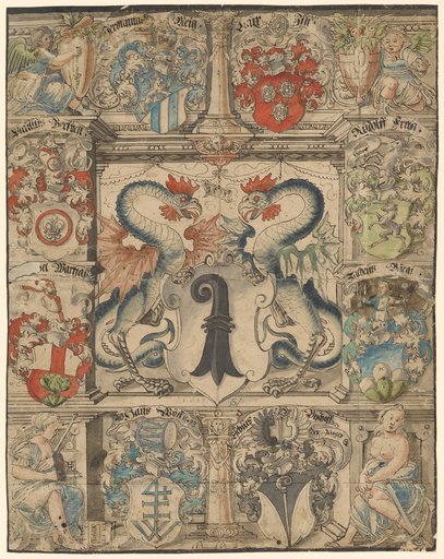 Cartoon for a Window with Two Basilisks as Supporters and the Basel Coat of Arms, Framed by Eight Further Coats of Arms, Flanked Below by Fides and Spes