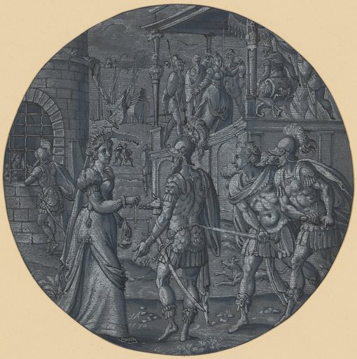 Cartoon (?) in a Roundel with an Unidentified Scene (Woman with Scales/Justitia, Woman Presenting the Head of a Beheaded Man to the King, Woman in a Dungeon)