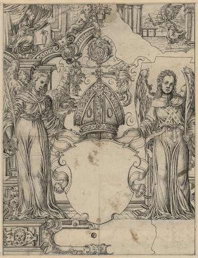 Cartoon for a Window with Two Angels as Supporters and an Empty Bishop's Coat of Arms, Annunciation in the Upper Panel