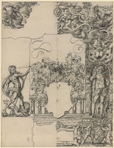 Cartoon for a Window with an Empty Coat of Arms, Flanked by Pluto and Neptune, Samson's Fight with the Lion and David's Fight against Goliath in the Upper Corner Panels