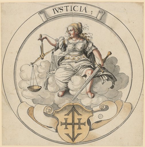 Cartoon in a Roundel with Justitia, Unidentified Coat of Arms Below
