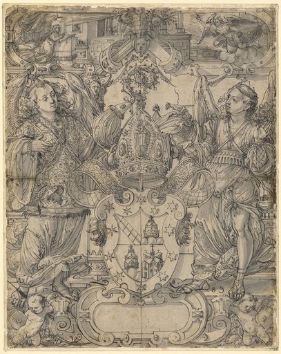 Cartoon for a Window with Two Angels as Supporters and the Coat of Arms of Abbot Beat Papst of Lützel (Lucelle, Alsace), Annunciation in the Upper Panel
