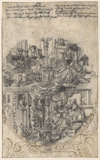Cartoon for a Window with Four Scenes from the History of Hugdietrich of Greece (Embroidering Queen and Hugdietrich in Women's Clothing, Weeping Queen, Abandonment of the Son Wolfdietrich, Queen with Child and Maid)
