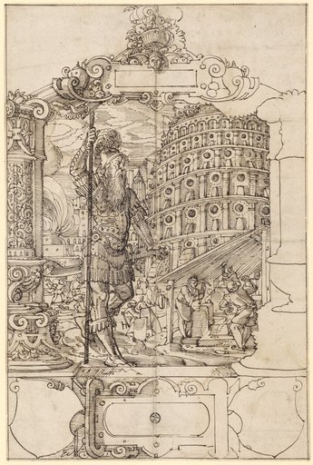 Cartoon for a Window with the Tower of Babel, Two Empty Coats of Arms Below