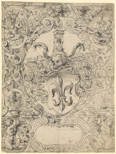 Cartoon for a Window with an Unidentified Lily Coat of Arms (Wyss, Bern or Rüdin, Basel?), Moses and the Brazen Serpent in the Upper Panels