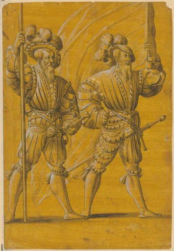 Landsknecht carrying a lance and a standard-bearer