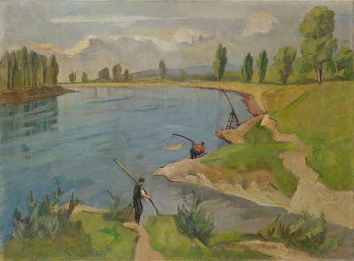 Rhine landscape with fishermen