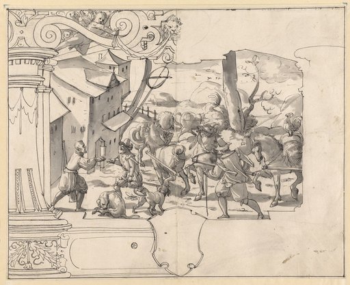Window design with carters in front of an inn, with an empty escutcheon below