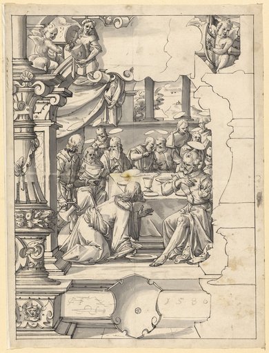 Window design with Christ washing the feet of the disciples, with an empty escutcheon below