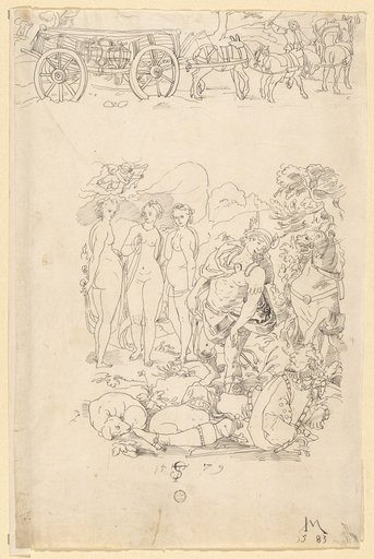 Window design with the Judgment of Paris, with carters in the upper panel