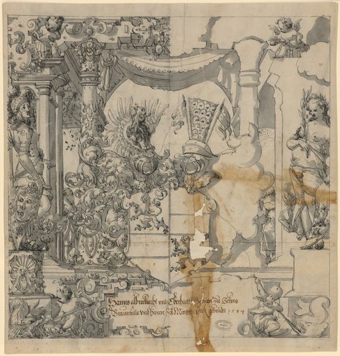 Window design with the coats of arms of Hans Albrecht and Eberhard von Solms-Braunfels, flanked by Minerva and Peace