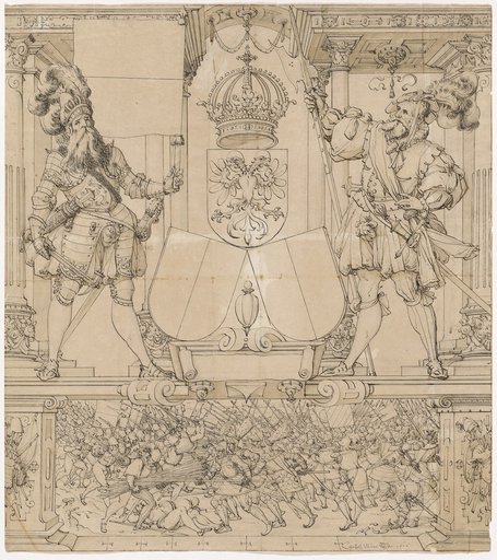 Window design with a standard-bearer and a halberdier as shield-bearers, the coat of arms of Lucerne, and the Battle of Sempach (1386) with Winkelried's sacrifice in the socle