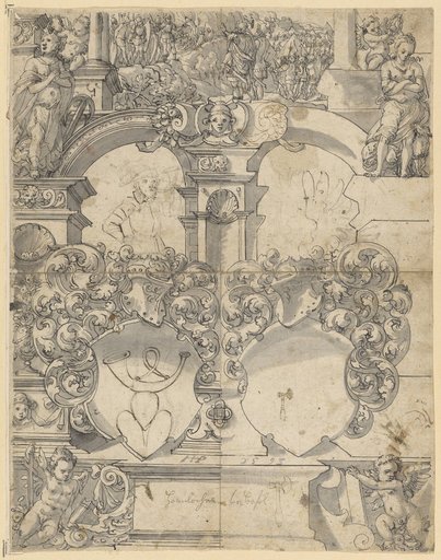 Window design with two empty escutcheons (later the Hornlocher coat of arms added), flanked above by Faith and Peace, with David holding the spear and jug of Saul in the upper panel