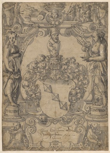 Window design with the Peyer coat of arms, flanked by Fortitude and Temperance, with shooting at the dead father in the upper panel