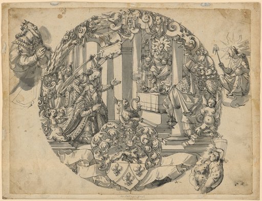 Round window design with Solomon's idolatry and the Zallinger coat of arms