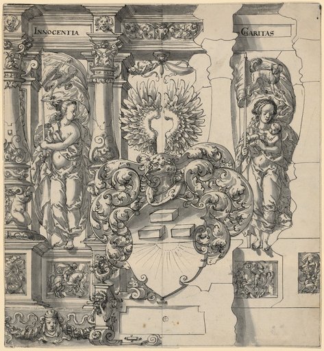 Window design with the Kriegelstein coat of arms, flanked by Innocence and Charity