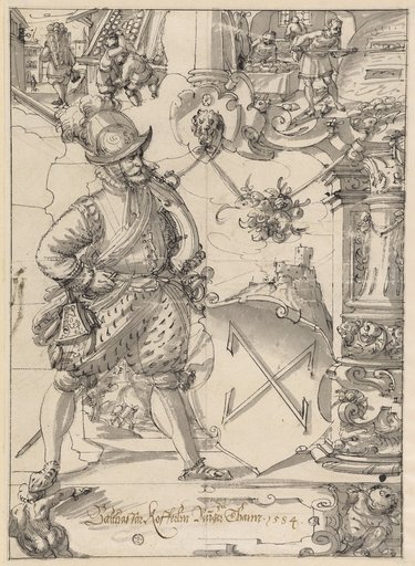 Window design with a musketeer as a shield-bearer and the coat of arms of Balthasar Kofferlin von Thann, with scenes from the baker's craft in the upper panel