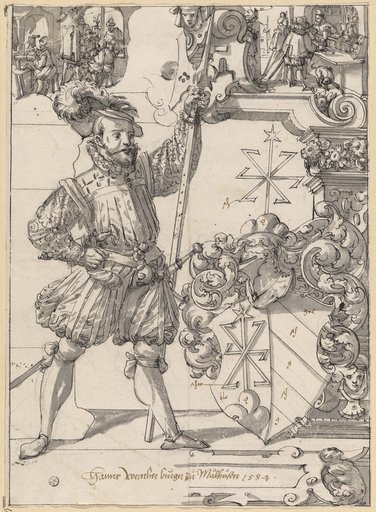 Window design with a halberdier as a shield-bearer and the coat of arms of Hans Werner von Mühlhausen, with scenes from the goldsmith's craft in the upper panel