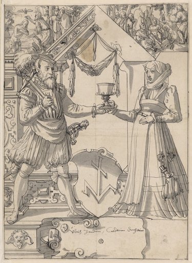 Window design with a married couple as shield-bearers and the coat of arms of Ulrich Zander, with the Baptism of Christ and the preaching of John the Baptist in the upper panels