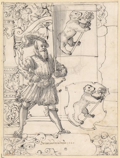 Window design with a banner-lord and the coat of arms of St. Ursanne (Ursitz)