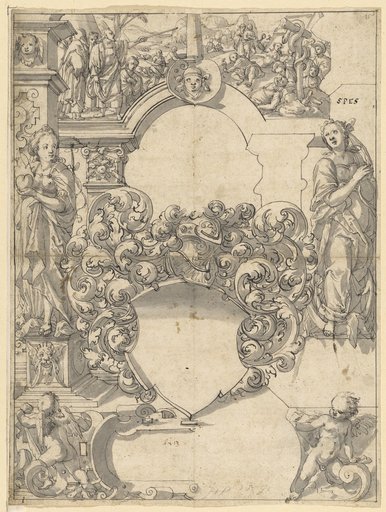 Window design with an empty escutcheon, flanked by Faith and Hope, with the erection of the brazen serpent by Moses in the upper panel