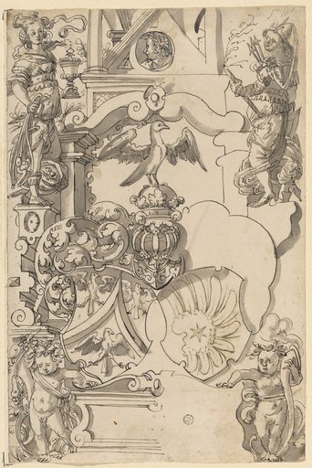 Window design with the coat of arms of Wentz (later Sulzberger), flanked above by Temperance and Concordia (?)
