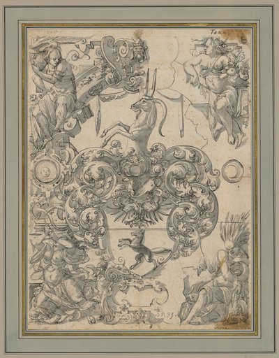 Window design with an unidentified coat of arms (von Taxis?), with the Four Elements in the corner panels