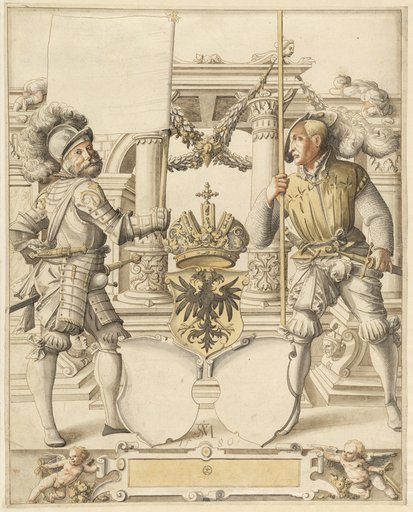 Wheel Cut with Two Banner Bearers and an Unexecuted Coat of Arms