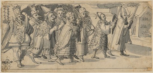 Design for a Top Image (?) with a Procession of Masks