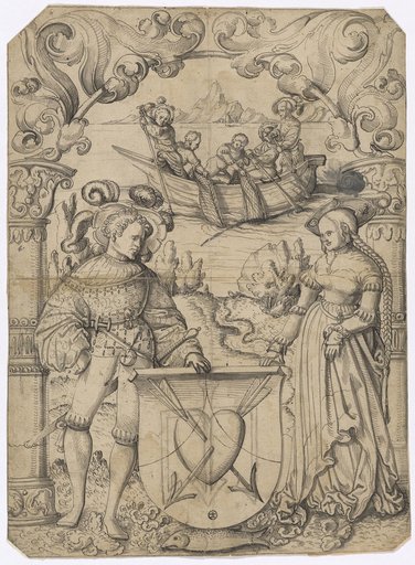 Window Design with a Swiss Confederation Soldier and a Woman as Supporters and an Unidentified Coat of Arms (Schön?), with Fishermen in the Background