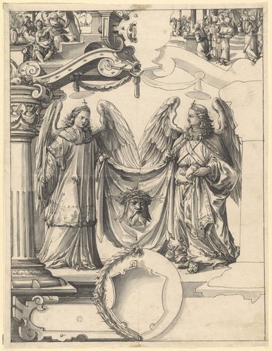 Window Design with Two Angels and the Veil of Veronica, Below an Unexecuted Coat of Arms; in the Upper Panels Susanna and Daniel Judging the Elders