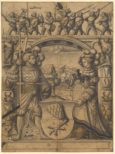 Window Design with Halberdier and Citizeness as Supporters and an Unidentified Coat of Arms; in the Upper Panel Bear Hunt