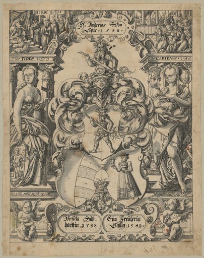Window Design with the Armorial Bearings of Speyr/Gebhardt/Freuler, Flanked by Fides and Caritas; in the Upper Panel Solomon and the Queen of Sheba