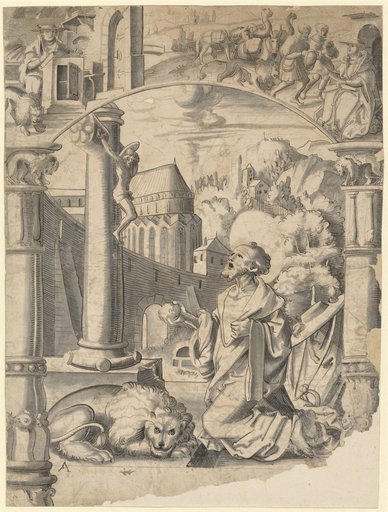 Window Design with the Repentance of St. Jerome; in the Upper Panel Scenes from the Life of the Saint