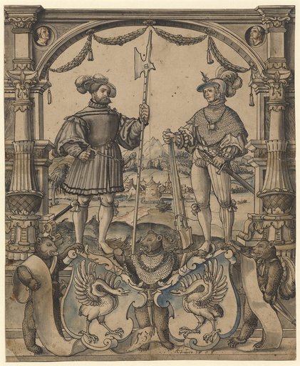 Window Design with a Half-Beast and Crossbowman, Below Two Bears as Supporters and the Double Coat of Arms of Greyerz