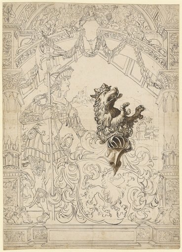 Window Design with a Warrior in Antique Armor and a Lion Coat of Arms