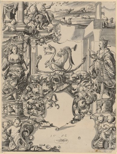 Window design with an empty coat of arms (Gremlich von Juningen?), flanked by Temperantia and Veritas (?), with a falcon hunt in the upper image