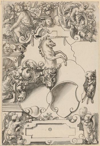Window design with two empty coats of arms, with Pomona and the Death of Adonis in the upper images