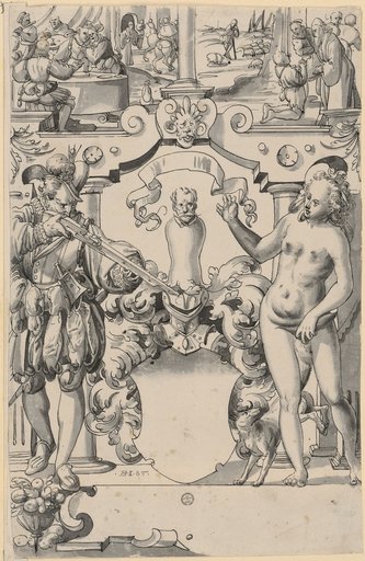 Window design with an empty coat of arms, flanked by a hunter and a woman with a fox passing between her legs, with the Prodigal Son in the upper image