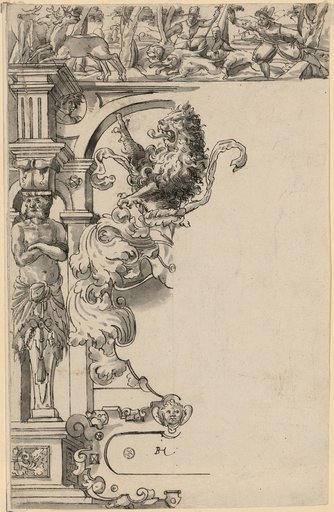 Window design with an empty coat of arms, with a hunting scene in the upper image