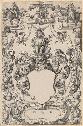 Window design with an empty coat of arms, with a horseman and a horsewoman in the upper image