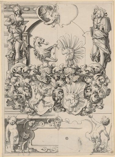 Window design with the combined coat of arms of Herzog/Sulzberger, Basel, flanked above by Temperantia and Concordia