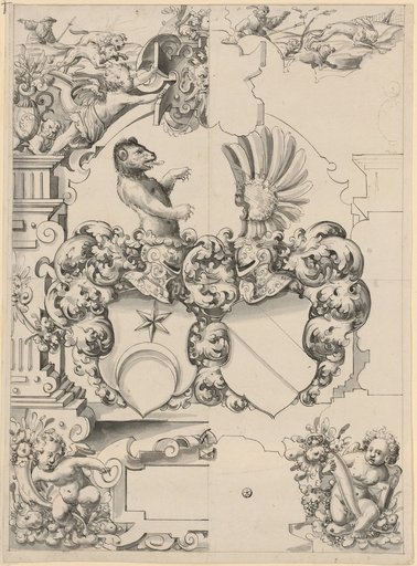 Window design with an unidentified combined coat of arms, with a hare hunt in the upper image