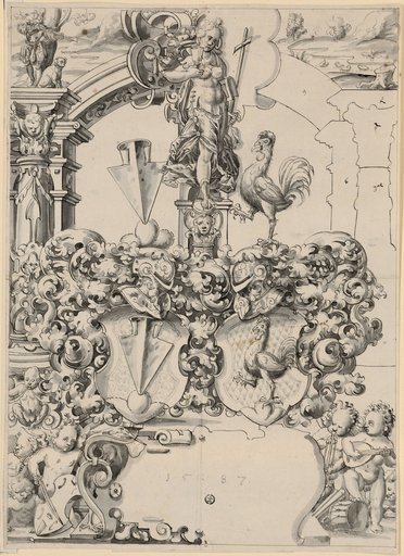 Window design with the combined coat of arms of Speereisen/Hahn, with a duck hunt in the upper image