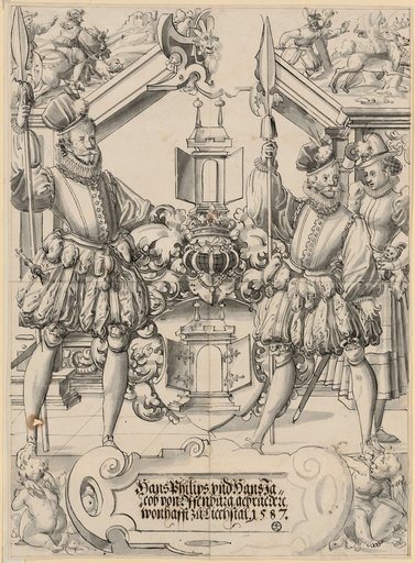 Window design with two warriors and a woman with a lapdog as coat of arms supporters and the coat of arms of Offenburg, with a stag hunt in the upper corner images
