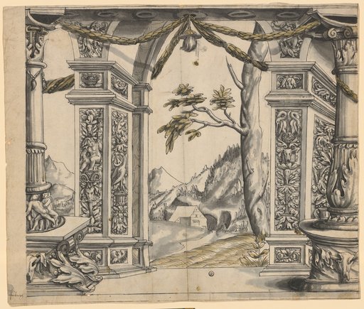 Columns and arch architecture with a view through to a landscape