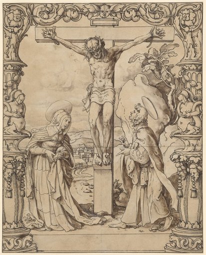 Window design with Christ on the Cross between Mary and John