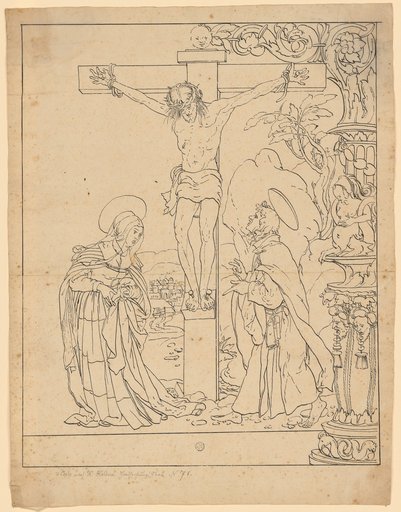 Window design with Christ on the Cross between Mary and John