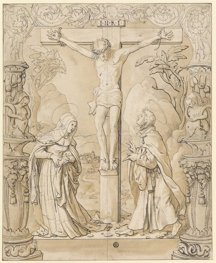 Window design with Christ on the Cross between Mary and John