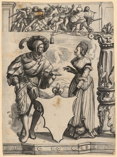 Window design with a Landsknecht and a richly dressed lady as coat of arms supporters